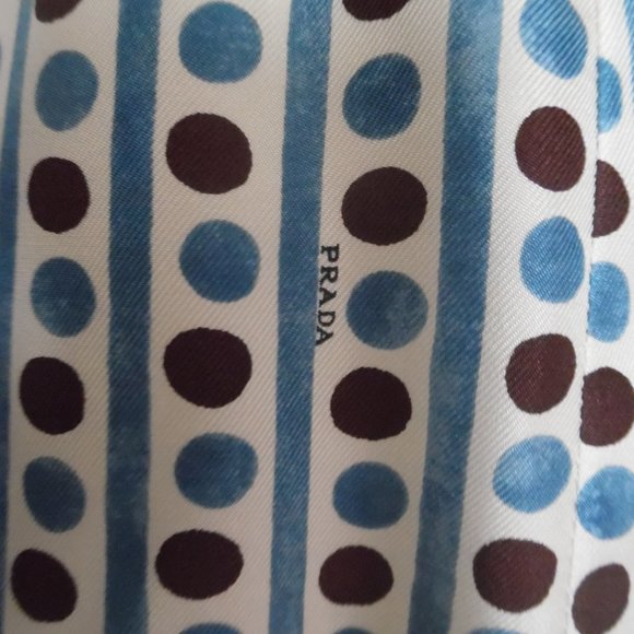 Prada Silk Polka Dot Logo Pencil Brown Blue White Raw hem Silk Midi Skirt Medium - Picture 5 of 10
